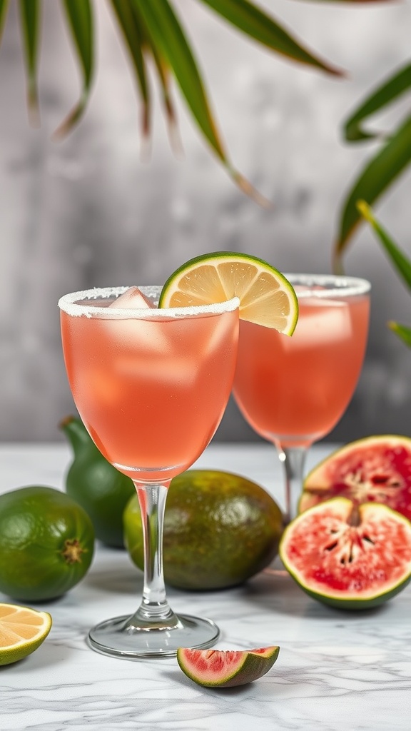 Two guava margaritas with lime slices and fresh guavas on a marble surface.