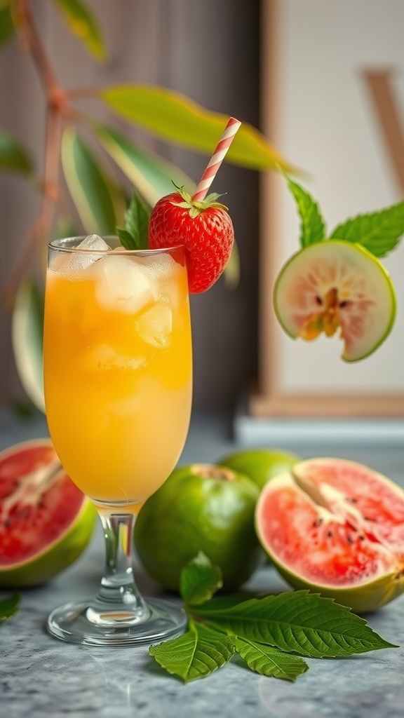 A colorful Guava Margarita Mocktail garnished with a strawberry and mint leaves.