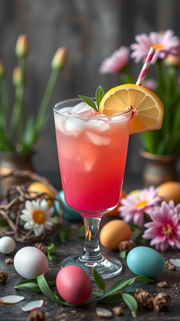 A colorful Heartbreaker Mocktail with lemon and mint garnish surrounded by festive flowers and Easter eggs.