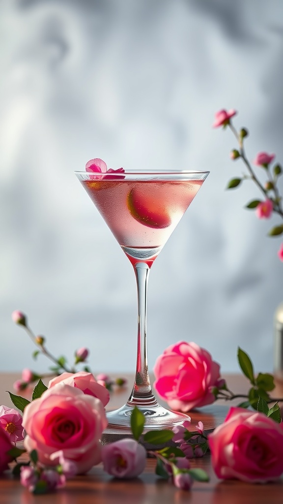 Hibiscus Rose Spritz cocktail with pink roses