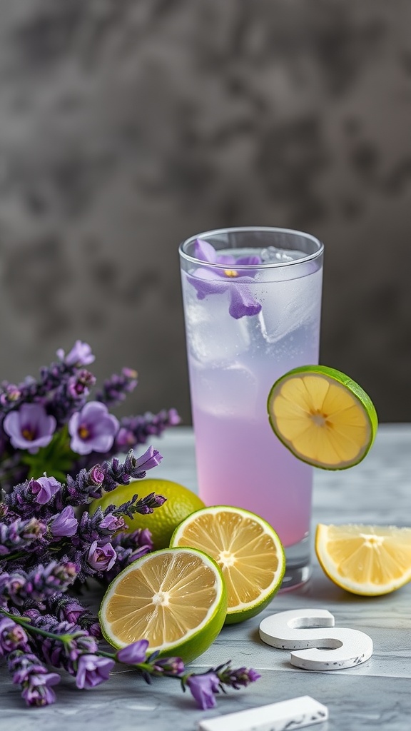 Lavender Lime Gin Spritz with sliced lemons and fresh lavender flowers.