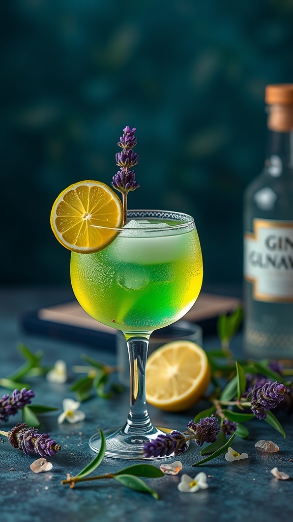A vibrant Lavender Lime Gin Spritz cocktail garnished with a lemon slice and lavender sprig.