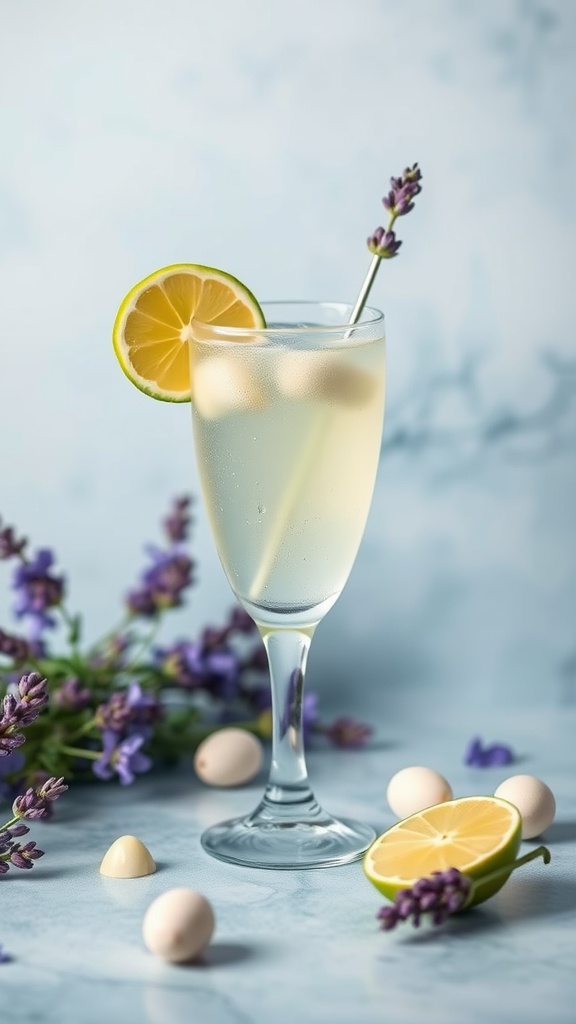 A refreshing Lavender Lime Gin Spritz cocktail garnished with lime and lavender flowers.