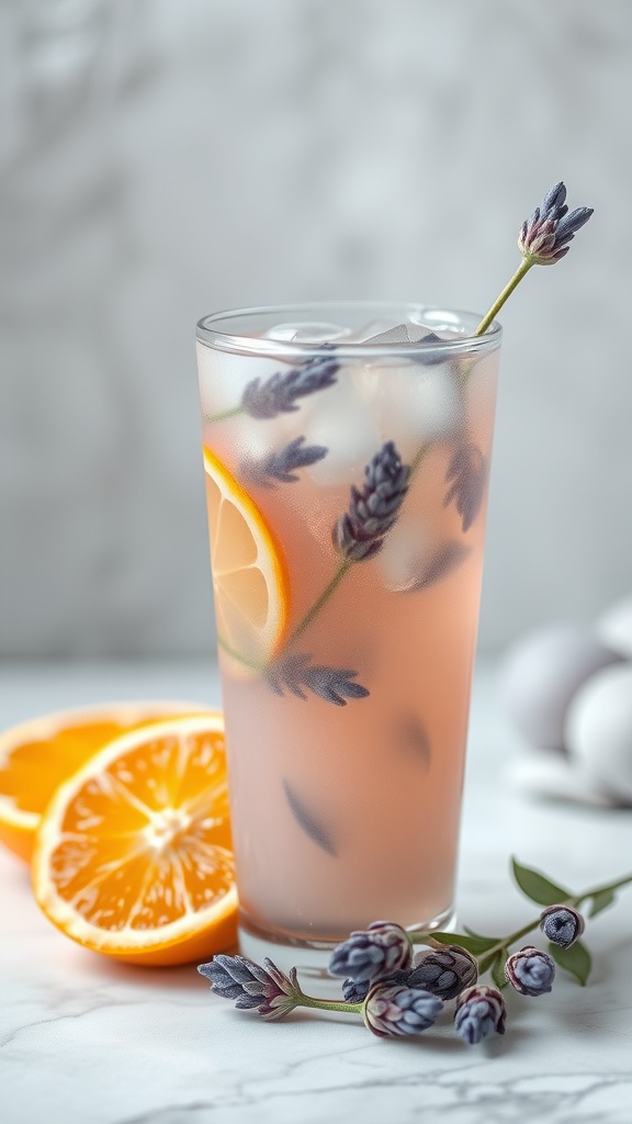 A refreshing Lavender Limoncello Spritz cocktail with lavender and orange slices.