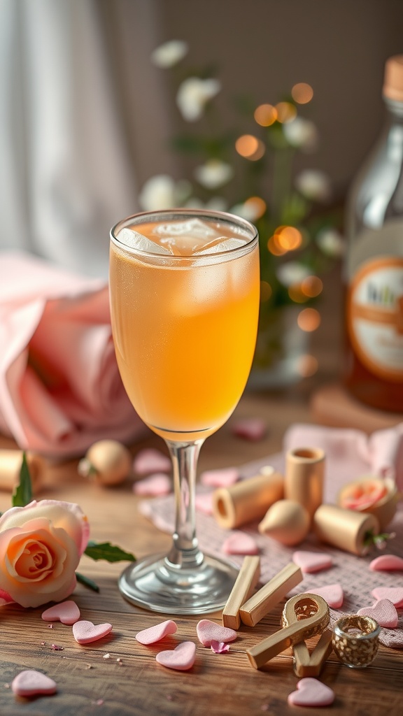 A glass of chamomile honey mocktail surrounded by rose petals and decorative elements.