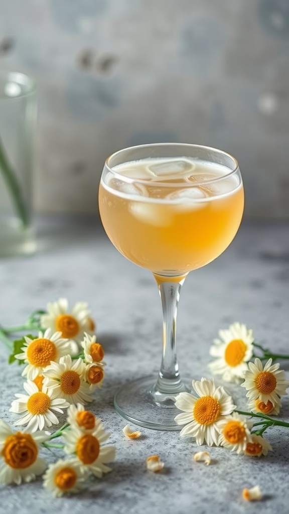 A refreshing chamomile honey mocktail in a glass, surrounded by daisies.