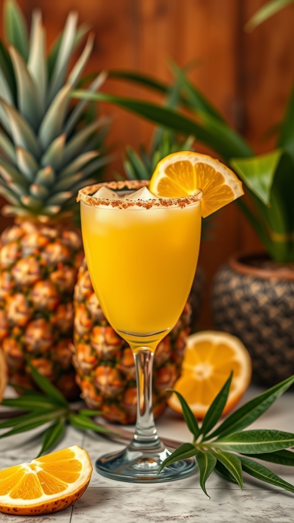 A vibrant Pineapple Margarita garnished with a lemon slice, set against a backdrop of pineapples and tropical greenery.