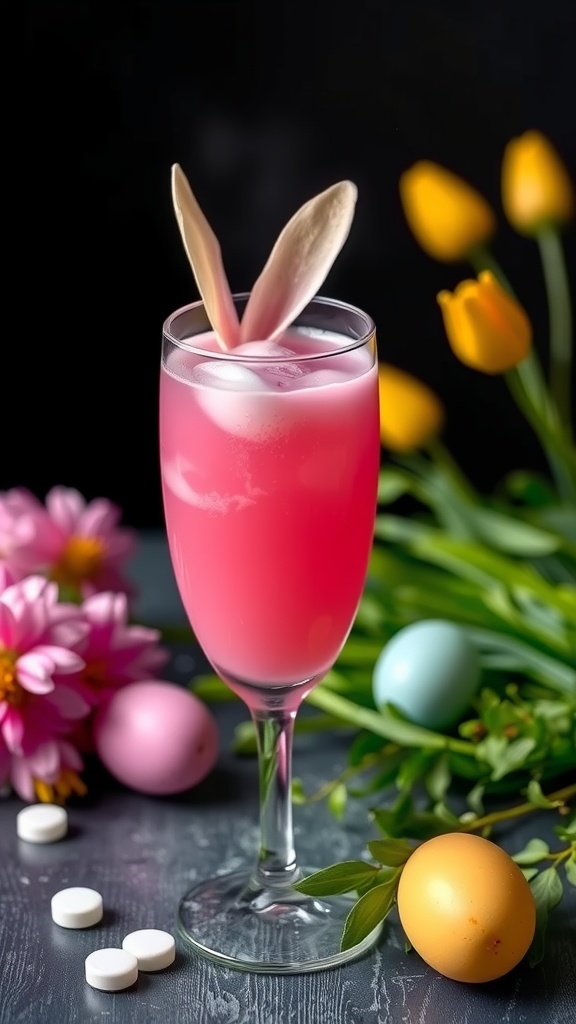 A pink gin sour mocktail garnished with bunny ears, surrounded by colorful flowers and Easter eggs.
