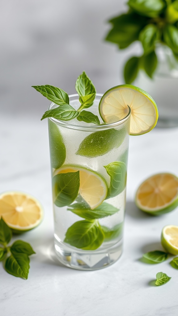 A refreshing basil mint mojito mocktail garnished with lime and basil leaves.