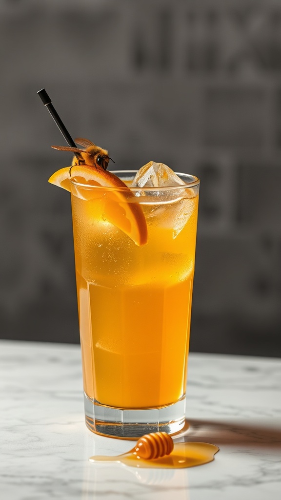 A refreshing Bees Knees cocktail garnished with an orange slice and a honey dripper.