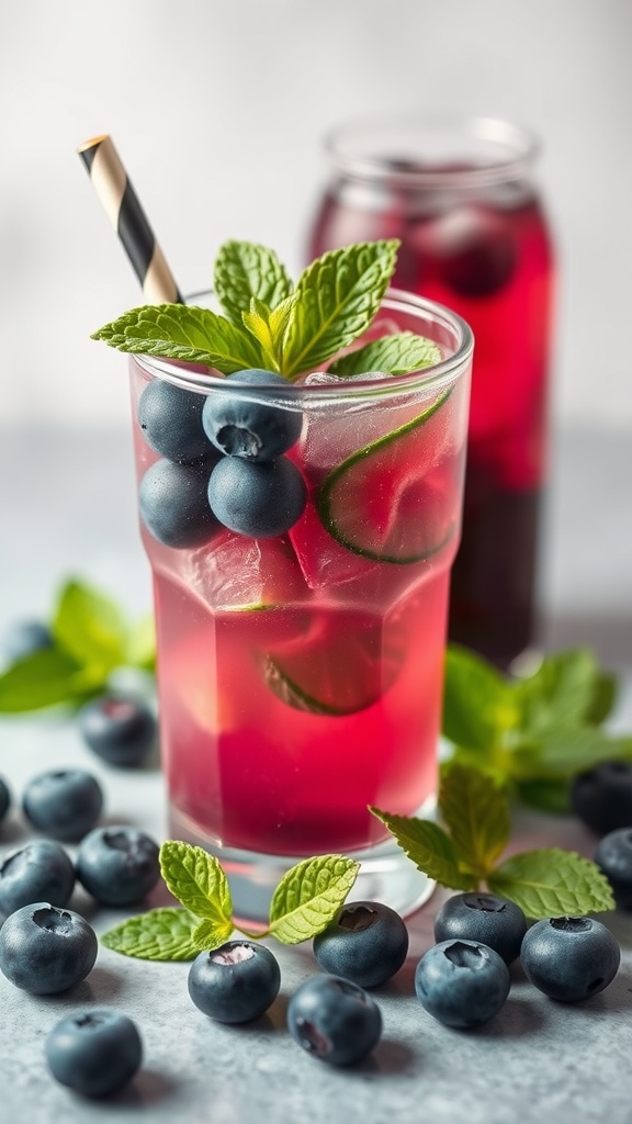A refreshing blueberry mint mocktail with mint leaves and blueberries garnished.