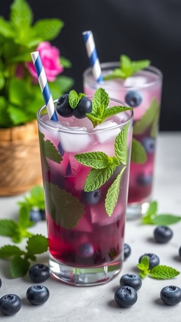 Two refreshing blueberry mint mocktails with mint leaves and blueberries