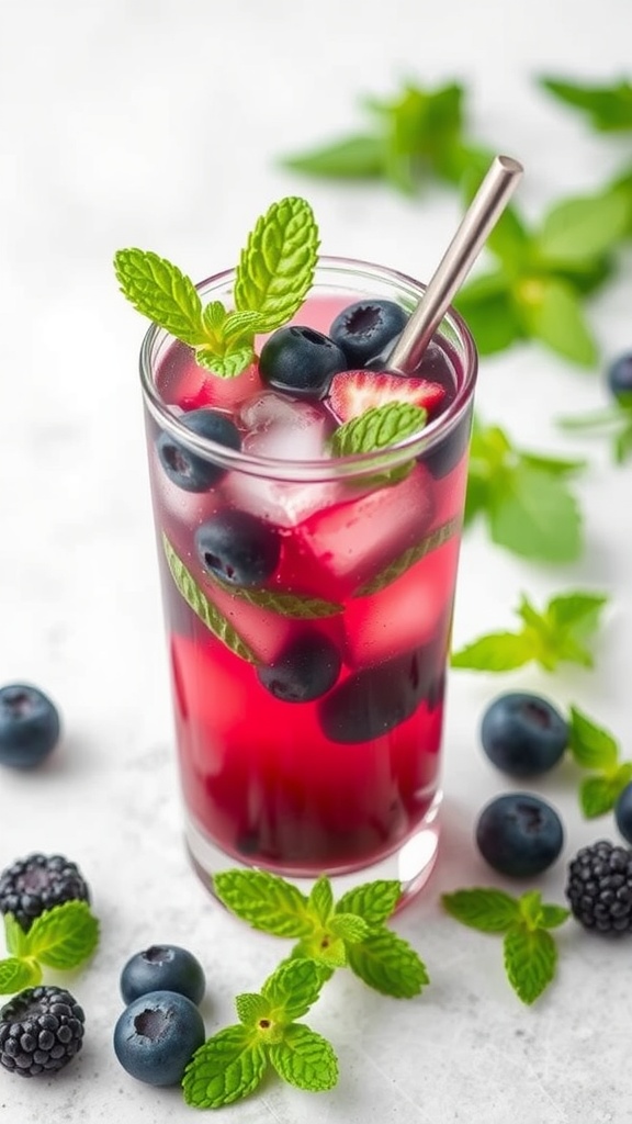 A refreshing blueberry mint mocktail in a glass with mint leaves and blueberries around it.