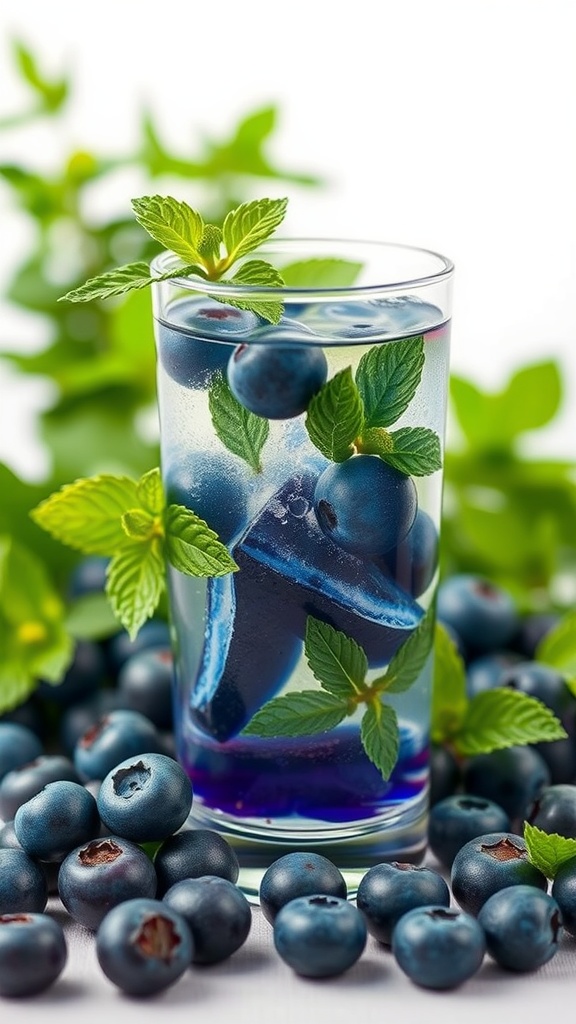 A glass of blueberry mint mocktail surrounded by fresh blueberries and mint leaves.
