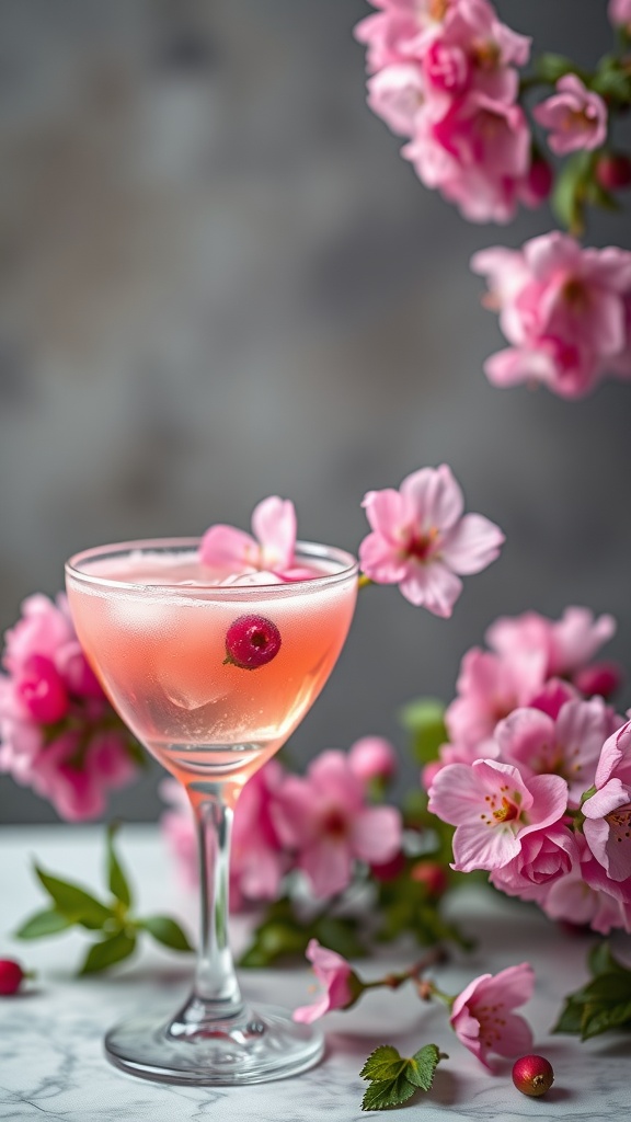 A beautiful Cherry Blossom Cocktail with pink hues and cherry blossoms in the background.