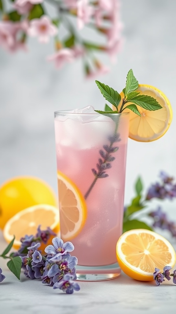 A refreshing coconut lavender lemonade in a glass with lemon slices and lavender flowers.