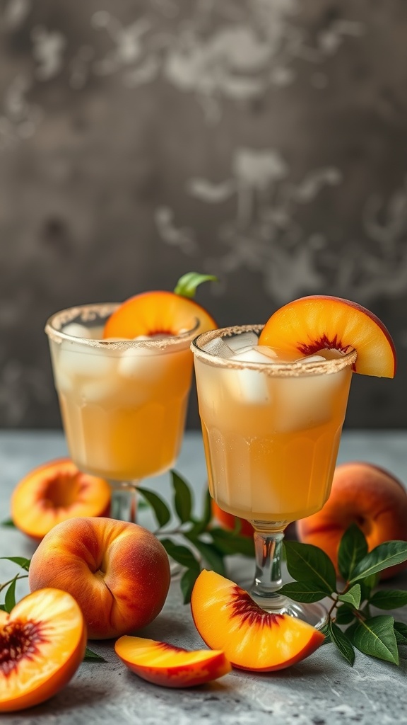 Two refreshing peach margaritas with fresh peach slices