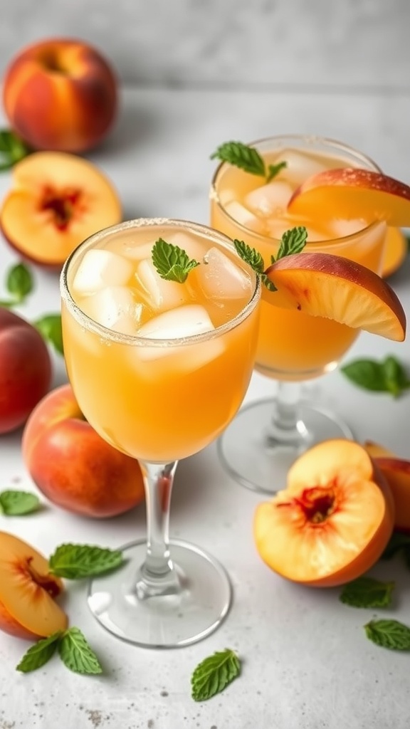 Two glasses of Fresh Peach Margaritas garnished with mint, surrounded by fresh peaches.