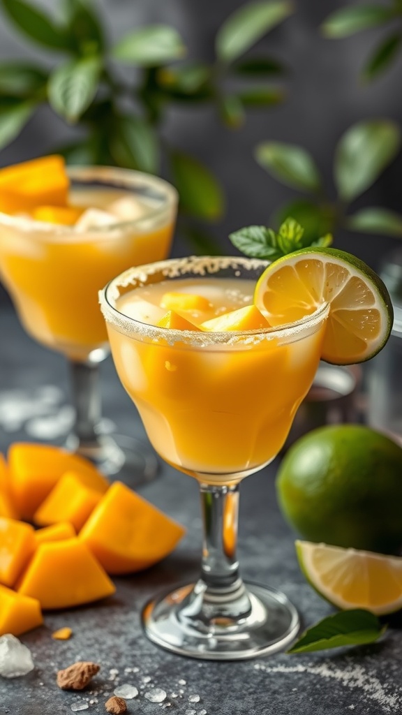 Two frozen mango margaritas garnished with lime and mint, with fresh mango pieces nearby.
