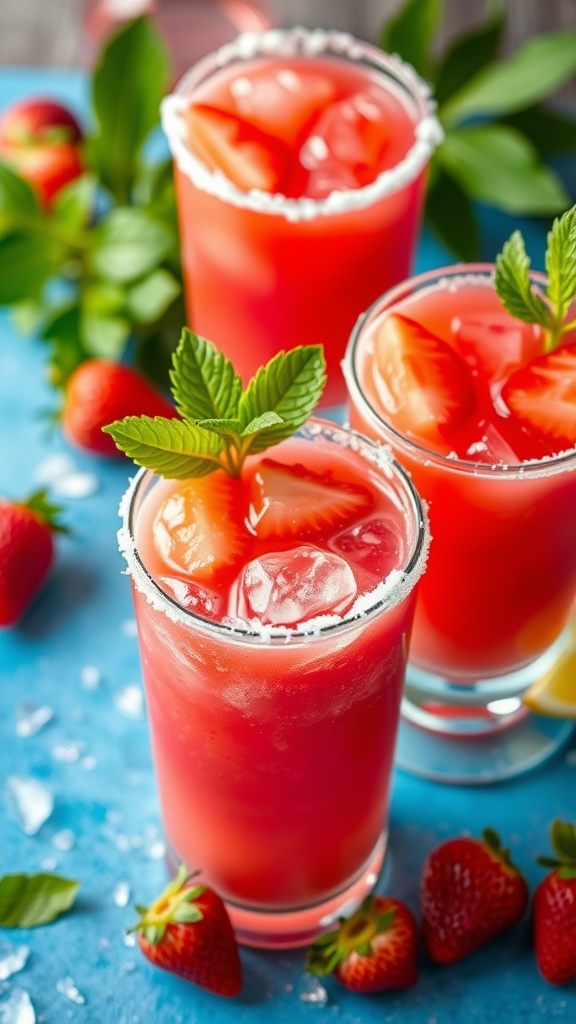 Three glasses of refreshing frozen strawberry margaritas with mint leaves and strawberries around them.