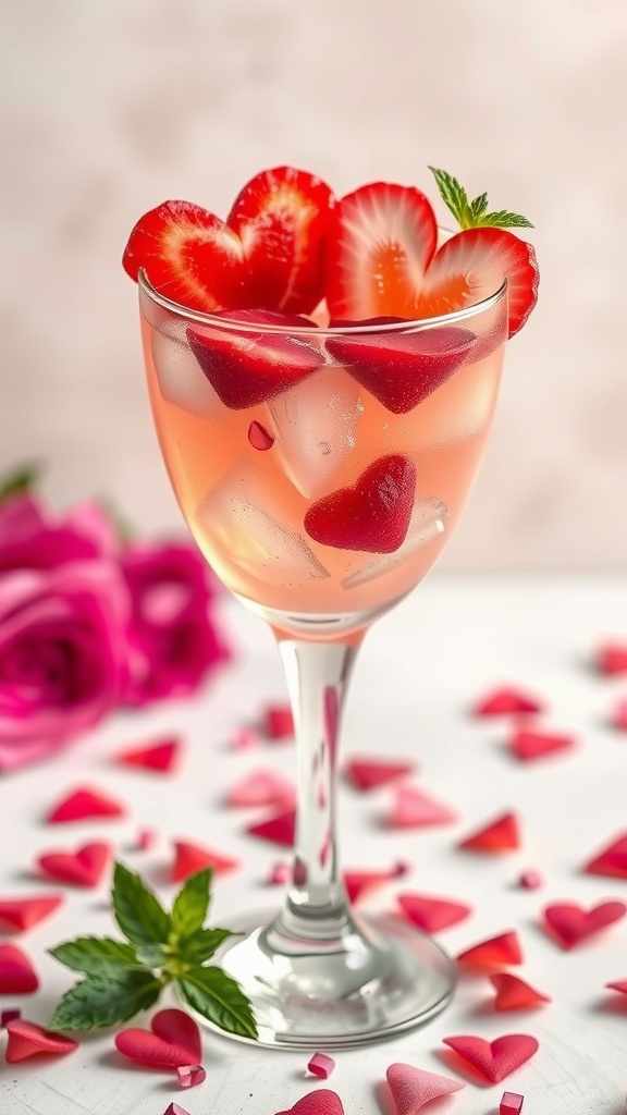 A refreshing Heartbreaker mocktail garnished with strawberries and mint leaves.