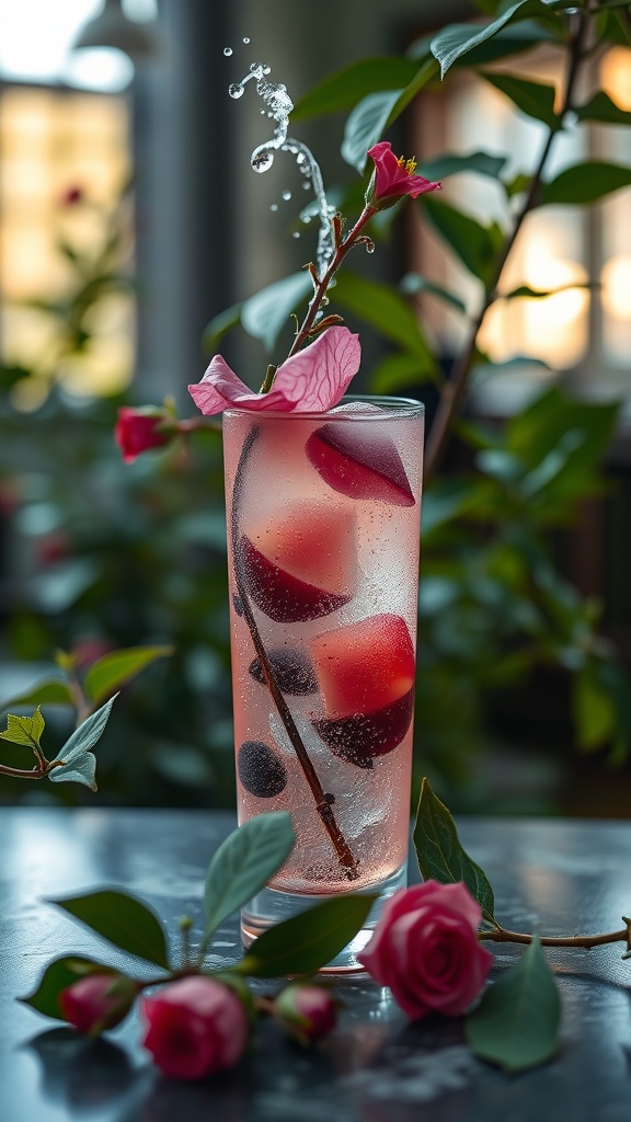 A refreshing hibiscus rose spritz mocktail garnished with flowers and fruits.