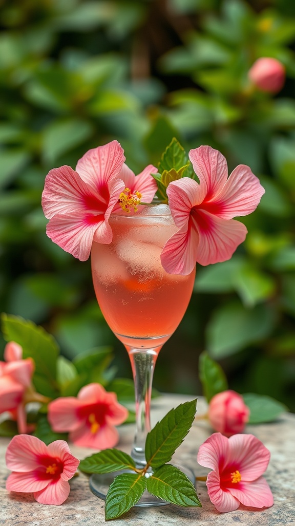 A refreshing Hibiscus Rose Spritz cocktail surrounded by colorful flowers.
