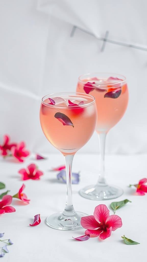 Two glasses of hibiscus rose spritz garnished with flower petals.