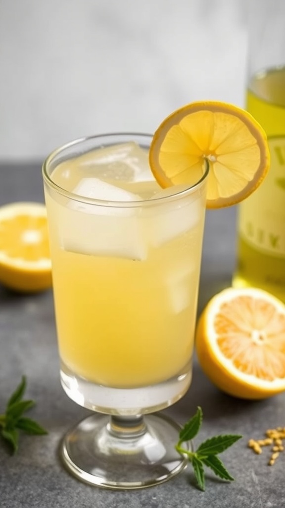 A refreshing limoncello margarita garnished with a lemon slice, surrounded by fresh lemons and mint.