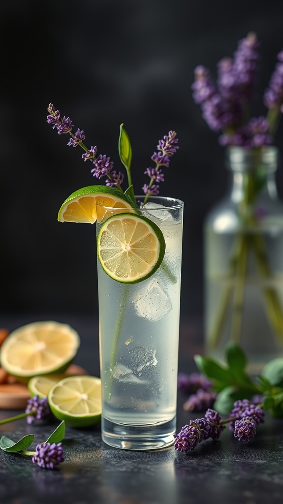 A refreshing lavender lime gin spritz garnished with lime and lavender flowers