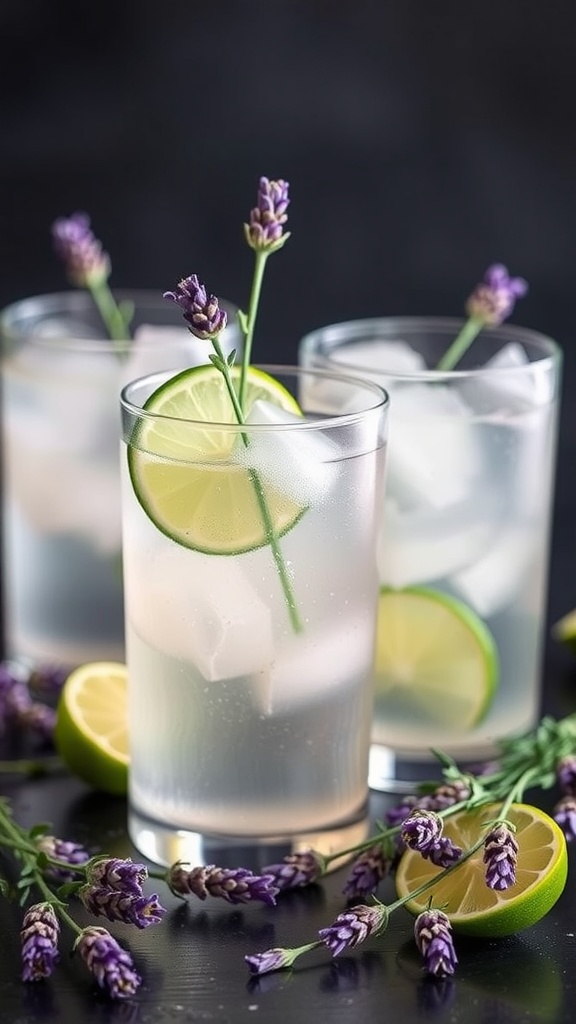 Three glasses of Lavender Lime Gin Spritz garnished with lime slices and lavender sprigs