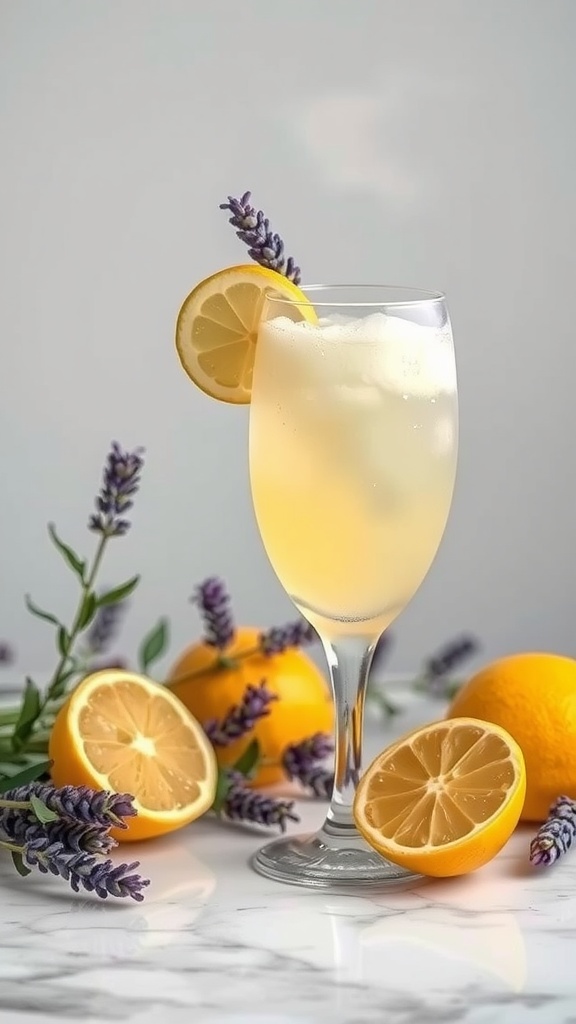 A refreshing glass of Lavender Limoncello Spritz with lemon slices and lavender sprigs.