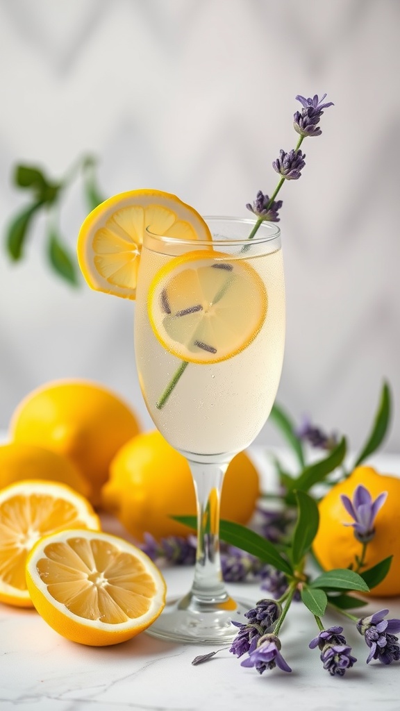 A glass of Lavender Limoncello Spritz with lemon slices and lavender sprigs, surrounded by fresh lemons.