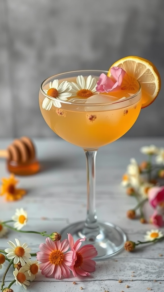 A refreshing chamomile honey mocktail garnished with flowers and a lemon slice.