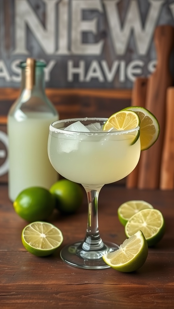 A refreshing Limeade Margarita served in a glass with lime slices and a bottle of limeade in the background.