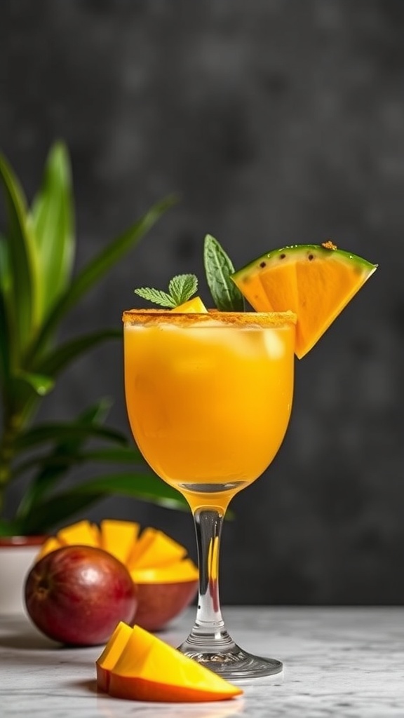 A vibrant mango margarita cocktail garnished with mint and a slice of mango.
