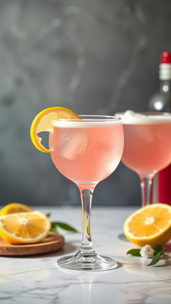 A refreshing pink gin sour cocktail garnished with a lemon slice, set on a marble counter.