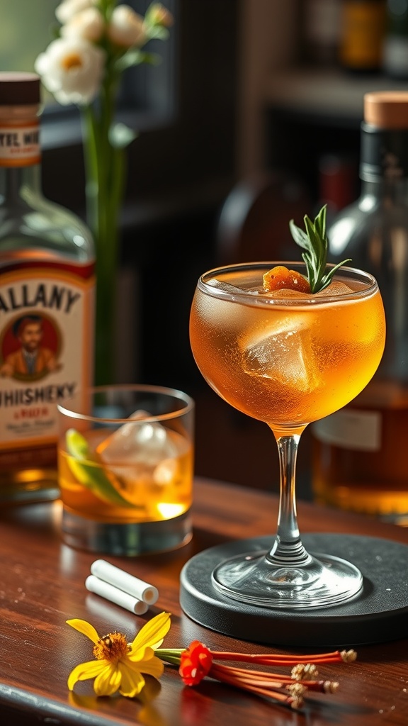 A refreshing whiskey cocktail in a stylish glass, garnished with herbs and flowers, next to whiskey bottles.