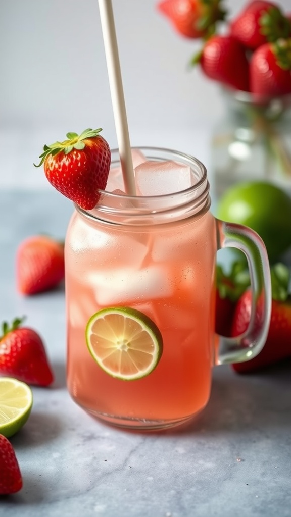 A refreshing strawberry lime vodka smash drink garnished with a strawberry and lime slice.