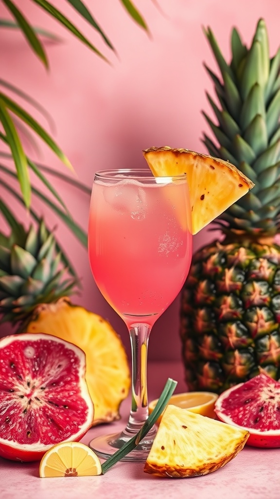Tropical Pink Dragonfruit Pineapple Rum Fizz cocktail with pineapple and pink background