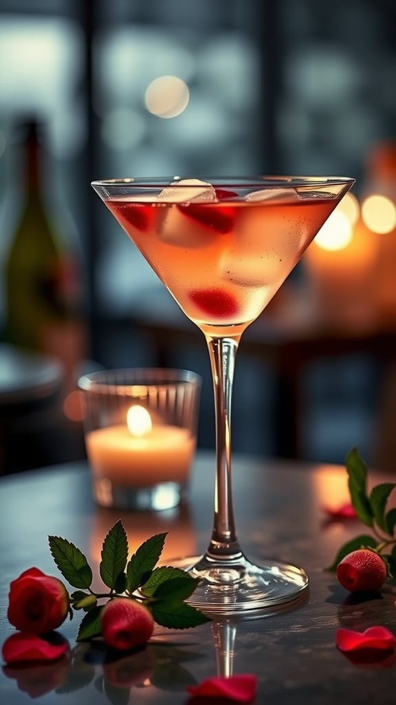 A beautifully presented Romantic Love Potion Martini with rose petals and a candle in the background.