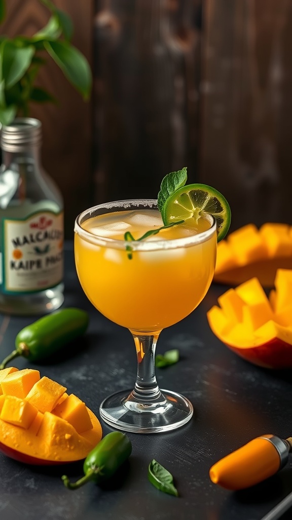 A vibrant Spicy Jalapeño Mango Margarita in a glass, garnished with a lime slice and mint, surrounded by fresh mango and jalapeños.