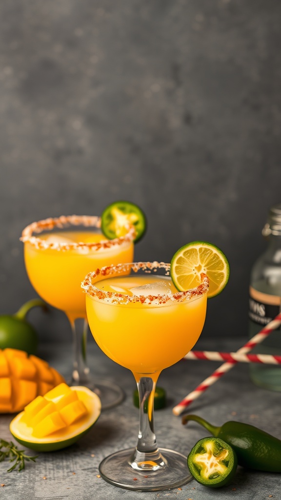 Two spicy jalapeno mango margaritas garnished with lime and jalapeno slices