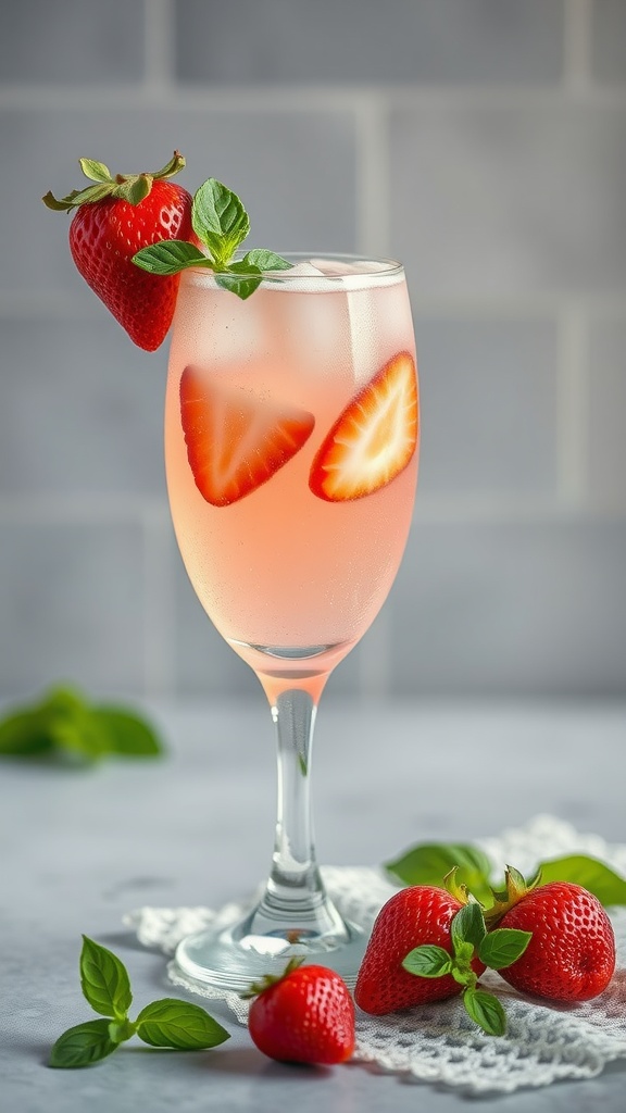 A refreshing Strawberry Basil Margarita Mocktail with a garnish of fresh strawberries and basil leaves.