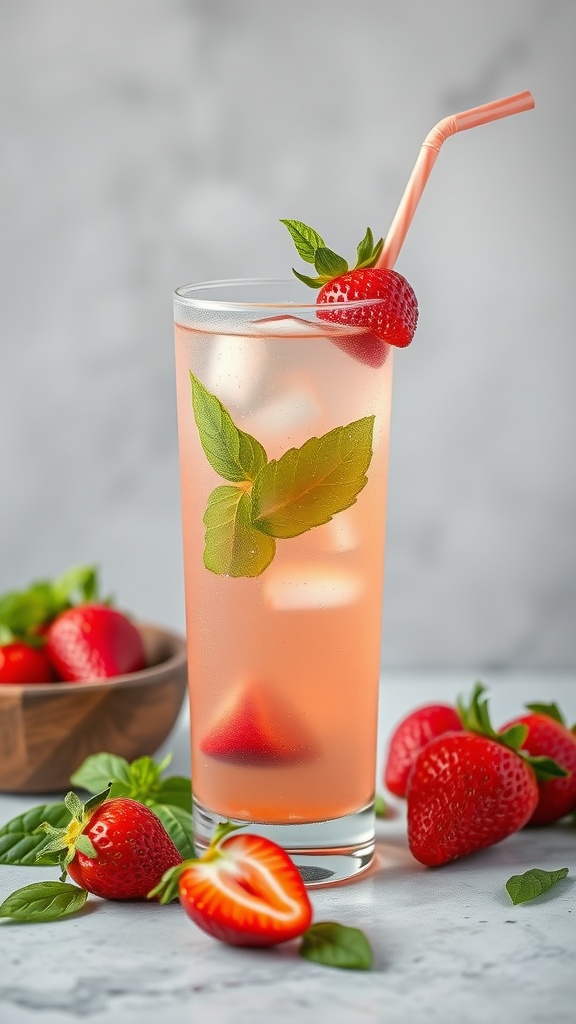 A refreshing Strawberry Basil Margarita Mocktail in a glass, garnished with fresh strawberries and basil leaves.