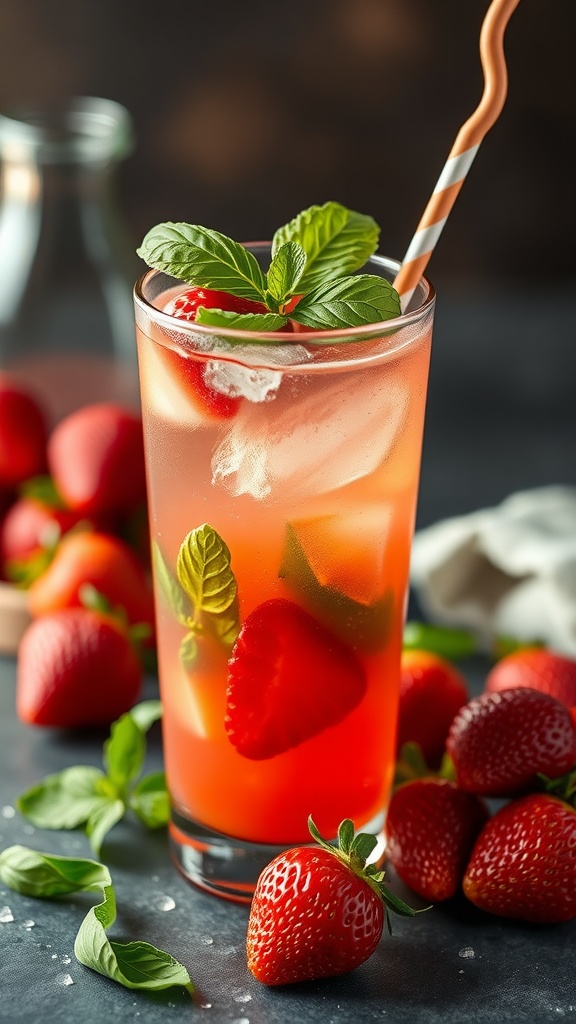 A refreshing Strawberry Basil Margarita Mocktail garnished with mint leaves and strawberries.