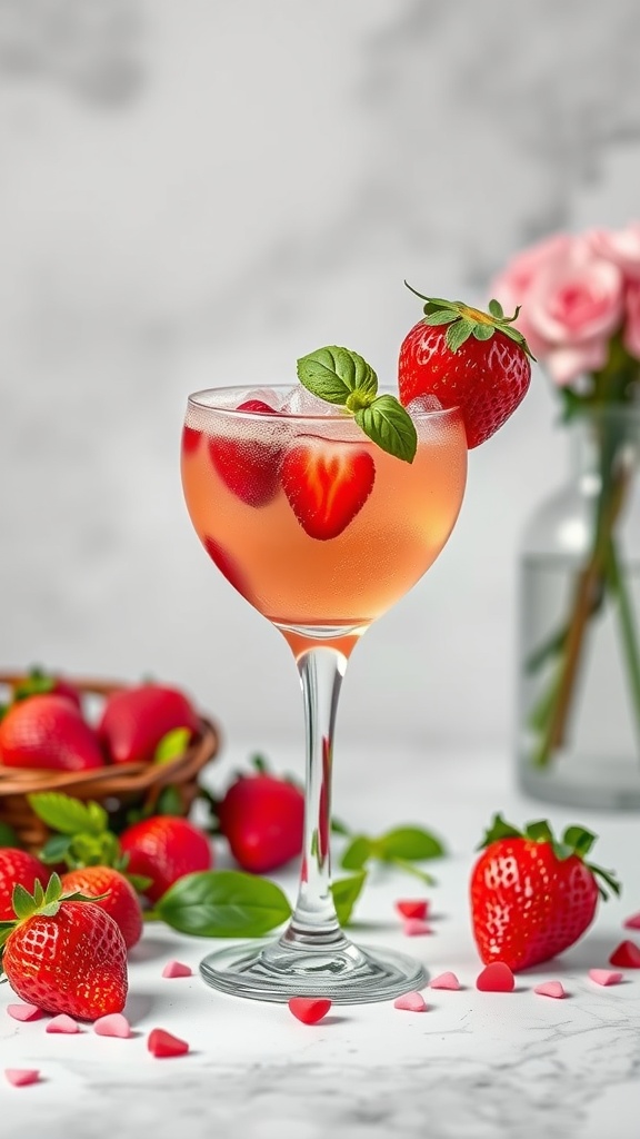 A refreshing strawberry basil margarita mocktail garnished with strawberries and basil leaves.
