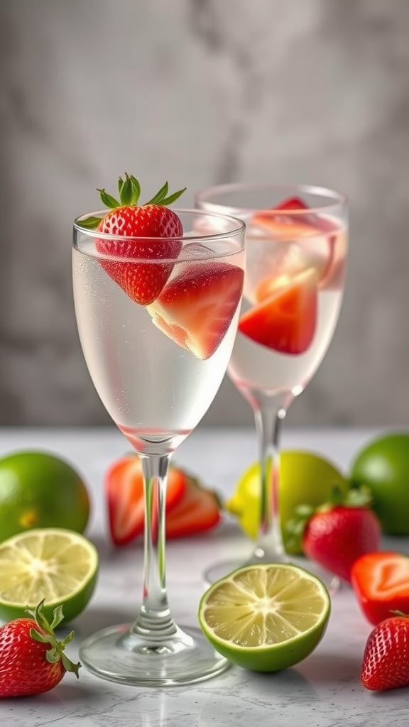 Two glasses of Strawberry Lime Vodka Smash with strawberries and limes on a marble surface.