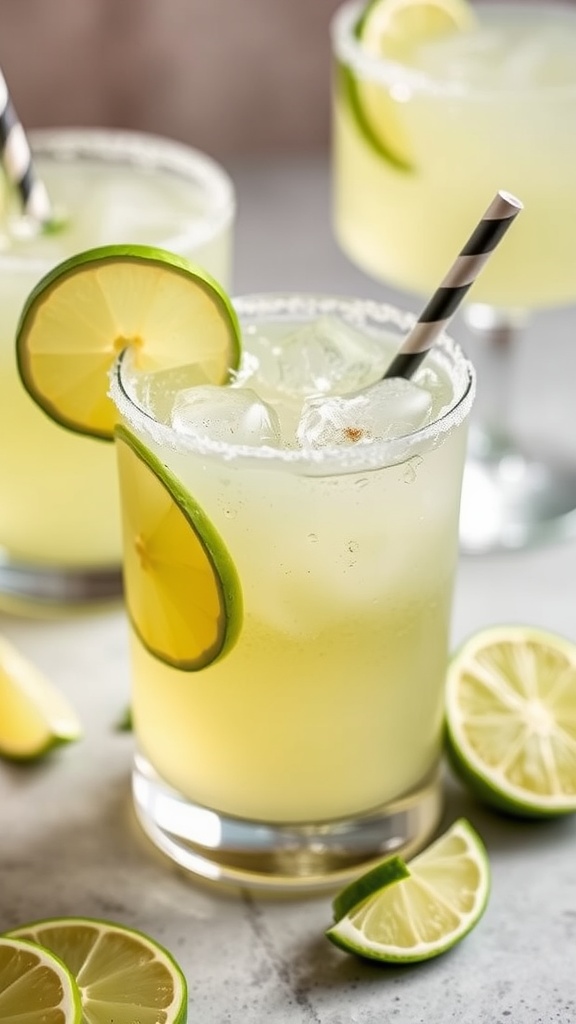 A refreshing Limeade Margarita in a glass with sliced limes around it.