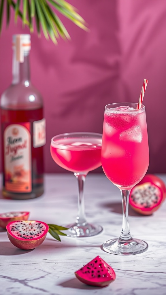 A vibrant Tropical Pink Dragonfruit Pineapple Rum Fizz cocktail with a bottle of rum and fresh dragonfruit slices.
